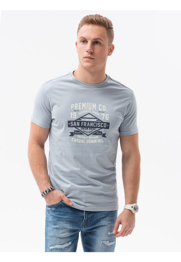 Ombre Clothing - T-shirt męski z nadrukiem S1434 V-20A - niebieski - XXL. Kolor: niebieski. Materiał: bawełna. Wzór: nadruk. Styl: klasyczny
