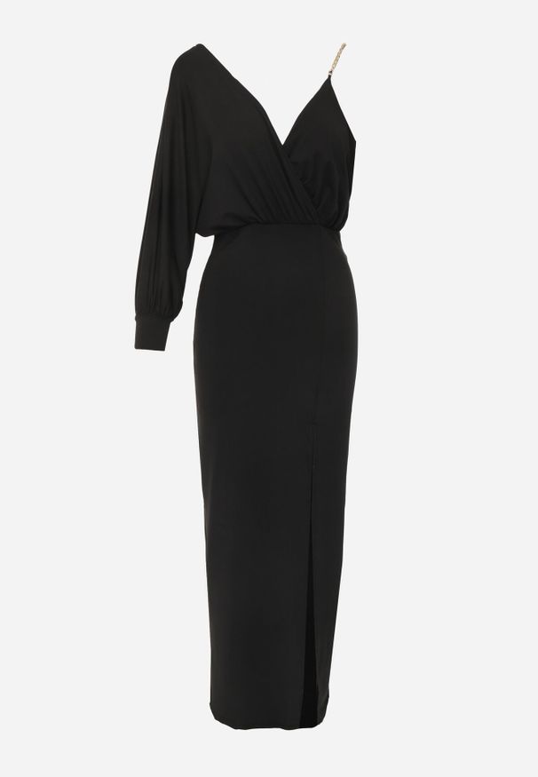 Born2be - Czarna Asymetryczna Sukienka Maxi na Jedno Ramię z Łańcuszkiem Przy Ramieniu Kesilli. Kolor: czarny. Materiał: wiskoza. Sezon: lato. Typ sukienki: asymetryczne. Styl: elegancki. Długość: maxi