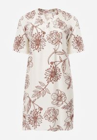 Born2be - Biało-Brązowa Sukienka z Wiskozy o Pudełkowym Kroju w Kwiatowy Print Reninca. Okazja: na co dzień. Kolekcja: plus size. Kolor: biały. Materiał: wiskoza. Wzór: nadruk, kwiaty. Sezon: lato. Typ sukienki: proste, dla puszystych. Styl: casual #4