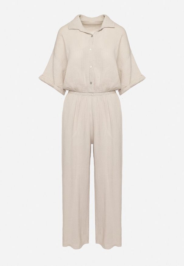 Born2be - Beżowy Bawełniany Kombinezon z Koszulową Górą i Prostymi Spodniami Namsore. Kolor: beżowy. Materiał: bawełna. Styl: klasyczny, elegancki