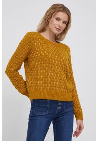 Vero Moda Sweter damski kolor żółty. Okazja: na co dzień. Kolor: żółty. Materiał: poliester, materiał, dzianina. Długość rękawa: długi rękaw. Długość: długie. Wzór: ze splotem. Styl: casual