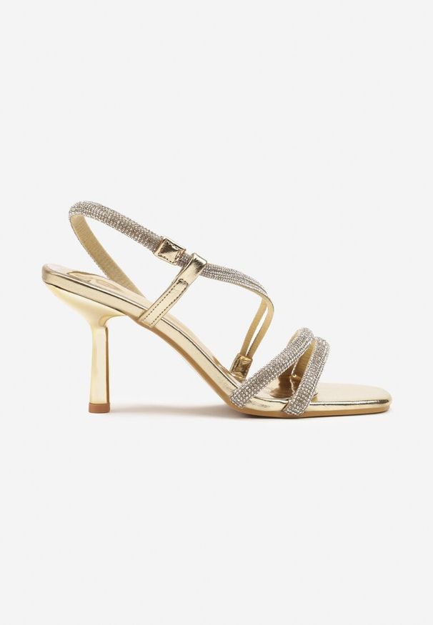 Born2be - Złote Sandały Vices na Szpilce Ozdobione Cyrkoniami Nilithena. Okazja: na wesele, na imprezę, na ślub cywilny. Kolor: złoty. Materiał: skóra. Wzór: aplikacja. Obcas: na szpilce. Styl: wizytowy, klasyczny