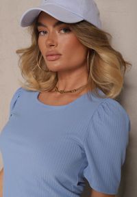 Renee - Niebieski T-shirt z Prążkowanej Tkaniny z Zakładkami przy Rękawach Kolaniella. Kolor: niebieski. Materiał: tkanina, prążkowany. Styl: elegancki #5