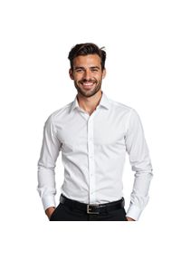 Biała gładka koszula męska z lycrą Modini Y100. Kolor: biały. Materiał: lycra. Wzór: gładki. Styl: klasyczny #1