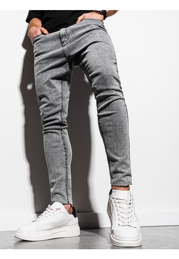 Ombre Clothing - Spodnie męskie jeansowe marmurkowe z surowo wykończoną nogawką SLIM FIT - szare V1 OM-PADP-0146 - XXL. Kolor: szary. Materiał: jeans