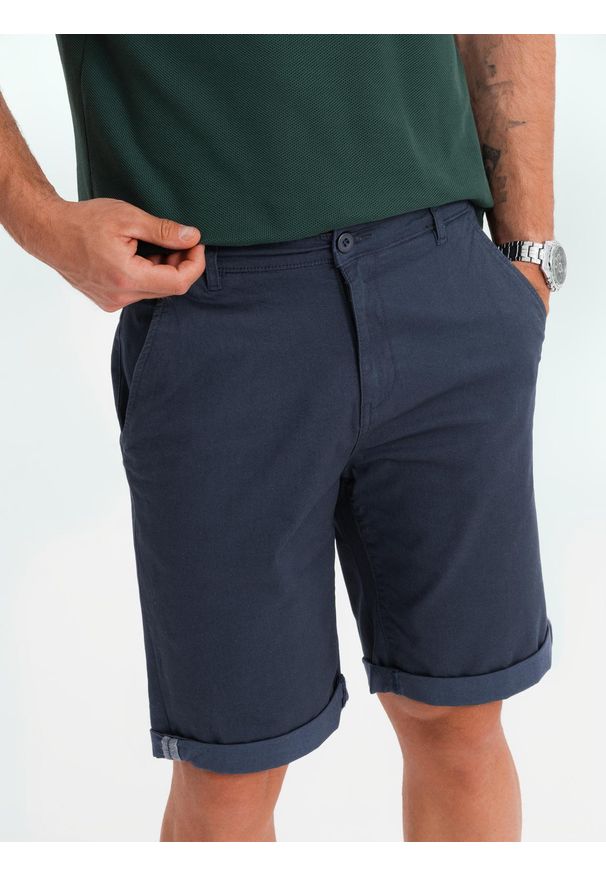 Ombre Clothing - Męskie klasyczne szorty chino z podwiniętą nogawką - granatowe V10 - Rozmiar: XXL. Kolor: niebieski. Materiał: elastan, bawełna. Sezon: lato. Styl: klasyczny