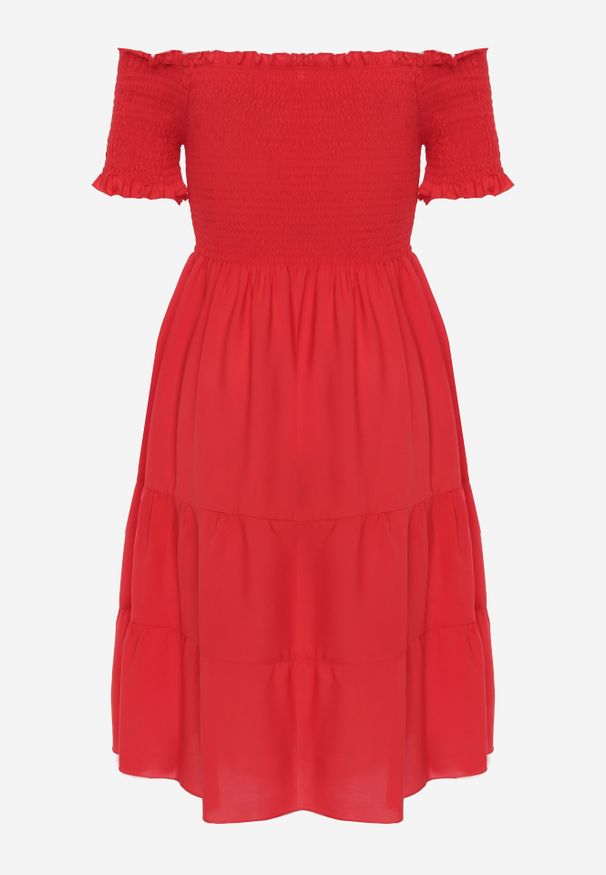 Renee - Czerwona Sukienka z Bawełny Hiszpanka Tolarelle. Okazja: na co dzień. Typ kołnierza: dekolt hiszpanka. Kolor: czerwony. Materiał: bawełna. Styl: casual, klasyczny, elegancki