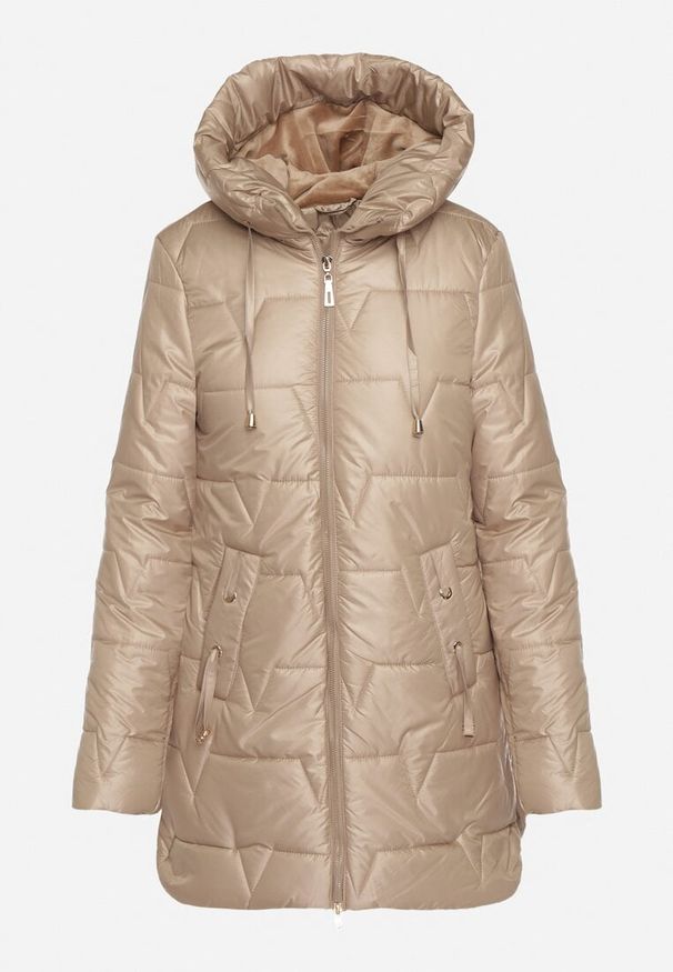 Born2be - Beżowa Pikowana Kurtka Przejściowa z Bocznymi Suwakami i Kapturem Soralessa. Okazja: na co dzień, na spotkanie biznesowe, do pracy. Kolor: beżowy. Materiał: dzianina, jeans. Długość rękawa: długi rękaw. Długość: długie. Styl: casual, biznesowy