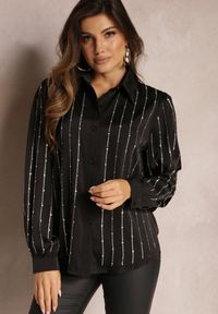 Renee - Czarna Koszula Zapinana w Ozdobne Cyrkonie Blekaza. Kolor: czarny. Materiał: satyna, tkanina. Styl: elegancki #3