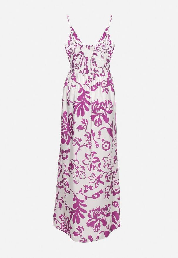 Born2be - Fioletowo-Biała Sukienka na Regulowanych Ramiączkach z Gumkami na Plecach Ściągana Troczkiem Harnela. Okazja: na co dzień. Kolor: fioletowy. Długość rękawa: na ramiączkach. Typ sukienki: proste. Styl: klasyczny, casual, elegancki