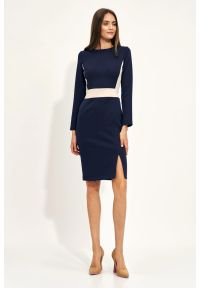 Nife - Sukienka elegancka dopasowana z długim rękawem granatowa. Okazja: do pracy, na spotkanie biznesowe. Kolor: niebieski. Długość rękawa: długi rękaw. Styl: elegancki #3