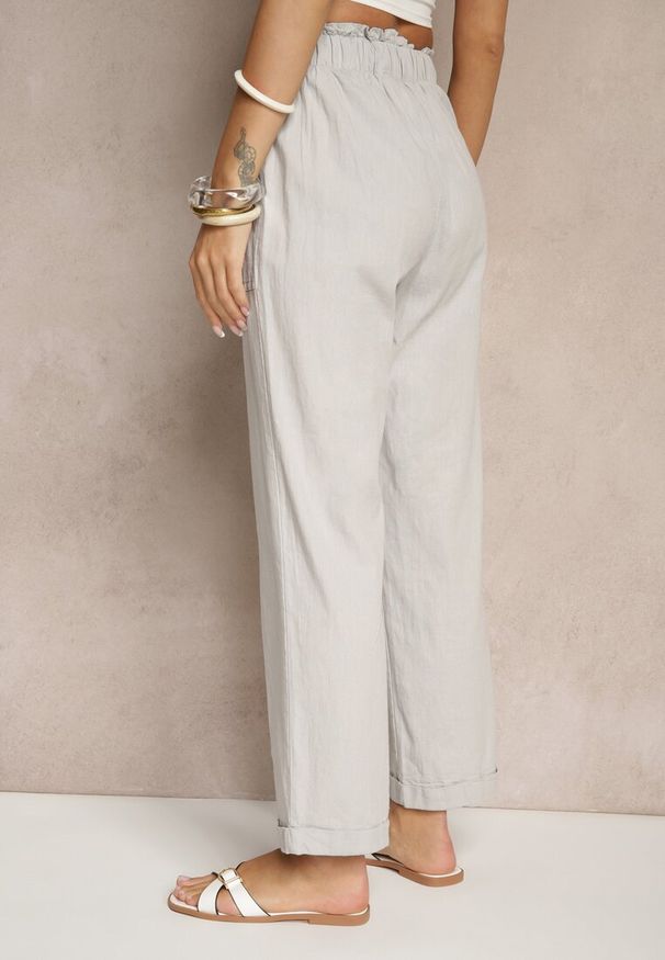 Renee - Jasnoszare Spodnie z Bawełny High Waist z Wiązaniem Tyswia. Okazja: na co dzień. Stan: podwyższony. Kolor: szary. Materiał: bawełna. Styl: elegancki, casual