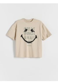 Reserved - T-shirt SmileyWorld® - beżowy. Kolor: beżowy. Materiał: dzianina, bawełna