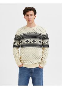 Selected Homme Sweter Claus 16086720 Beżowy Regular Fit. Kolor: beżowy. Materiał: bawełna