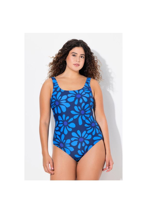 ULLA POPKEN - Damskie Kostium kąpielowy kwiaty bez miękkich miseczek okrągły dekolt. Kolekcja: plus size. Kolor: niebieski. Materiał: poliamid, materiał, elastan. Wzór: kwiaty