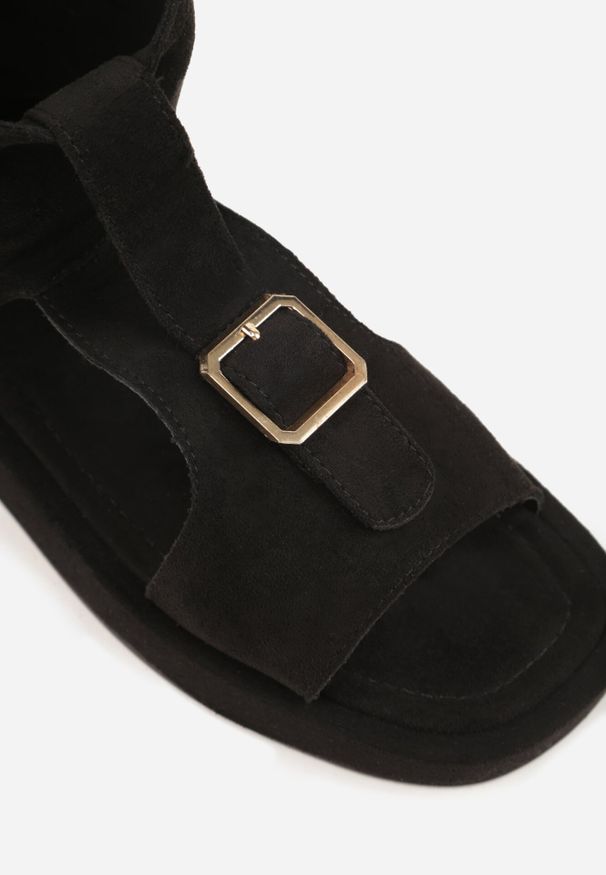 Born2be - Czarne Sandały w Stylu Botków z Ozdobną Klamrą Theaneasi. Okazja: na co dzień. Zapięcie: klamry. Kolor: czarny. Materiał: jeans. Styl: casual, klasyczny, elegancki