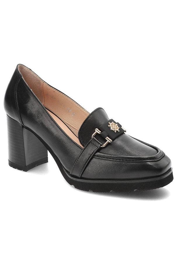 Czarne Półbuty Simen Skórzane Eleganckie Buty Na Obcasie. Zapięcie: bez zapięcia. Kolor: czarny. Materiał: skóra. Szerokość cholewki: normalna. Wzór: aplikacja. Obcas: na obcasie. Styl: elegancki. Wysokość obcasa: średni