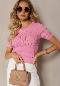 Renee - Różowa Klasyczna Bluzka w Ażurowy Wzór Lidakra. Okazja: na co dzień. Kolor: różowy. Materiał: jeans. Długość rękawa: krótki rękaw. Długość: krótkie. Wzór: ażurowy. Styl: klasyczny