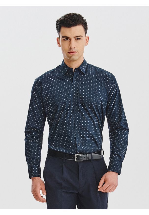 Pako Lorente - PAKO LORENTE - Granatowa koszula męska wzór geometryczny. Kolor: niebieski. Materiał: bawełna. Długość rękawa: długi rękaw. Długość: długie. Wzór: geometria. Sezon: jesień