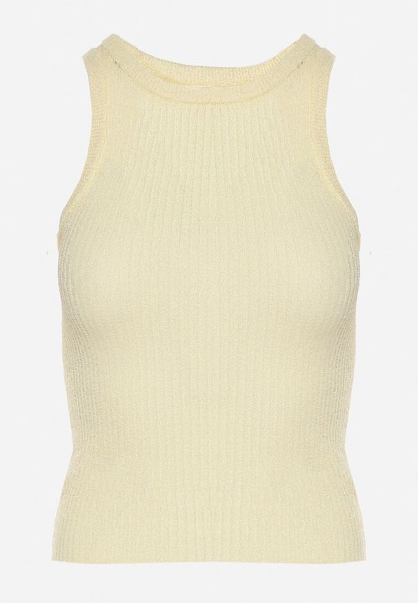 Born2be - Żółty Top z Prążkowanego Materiału Ovilora. Okazja: na spacer, na co dzień. Kolor: żółty. Materiał: prążkowany, materiał. Styl: casual