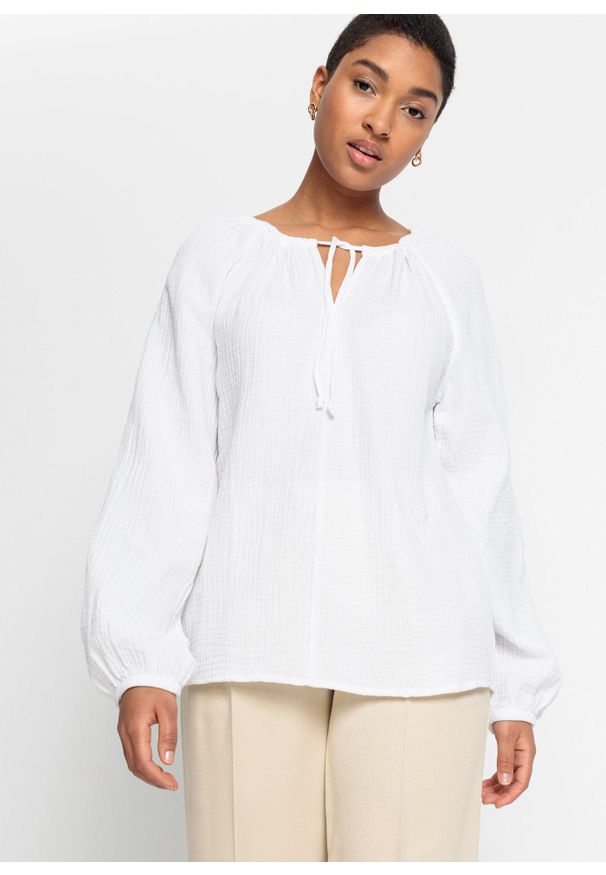 bonprix - Bluzka z przewiewnego muślinu. Kolor: biały. Materiał: bawełna