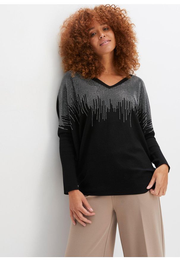 bonprix - Cienki sweter z aplikacją ze sztrasów. Kolor: czarny. Wzór: aplikacja
