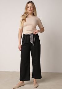 Born2be - Czarne Eleganckie Spodnie z Bawełny i Wiskozy z Materiałowym Paskiem-Apaszką Vetina. Okazja: na co dzień, na spotkanie biznesowe, do pracy. Kolor: czarny. Materiał: wiskoza, bawełna, materiał. Styl: elegancki #1