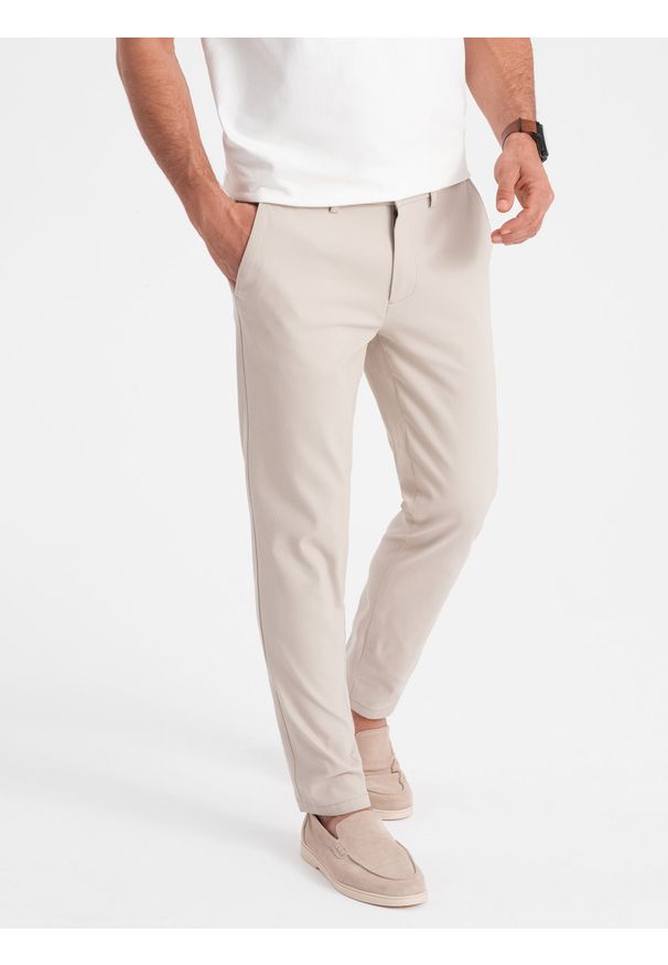 Ombre Clothing - Spodnie męskie chino SLIM FIT - kremowe V1 - Rozmiar: L. Kolor: kremowy. Materiał: bawełna