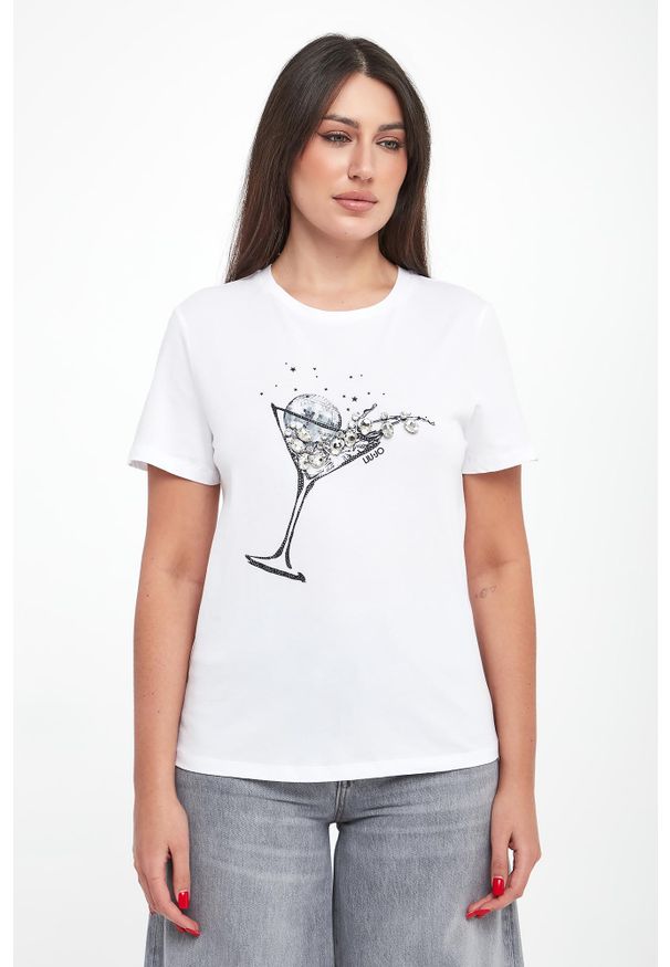 Liu Jo - T-shirt damski z nadrukiem i cyrkoniami LIU JO. Wzór: nadruk