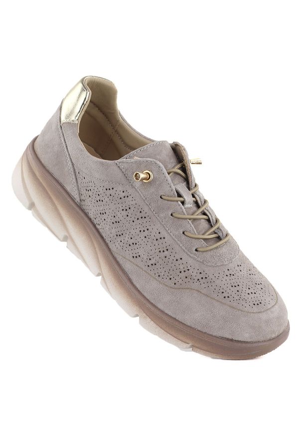 Skórzane półbuty damskie zamszowe jasny brąz Sergio Leone SP002. Kolor: brązowy. Materiał: skóra. Szerokość cholewki: normalna. Wzór: ażurowy