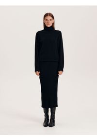 Reserved - Wełniana spódnica midi - czarny. Kolor: czarny. Materiał: wełna