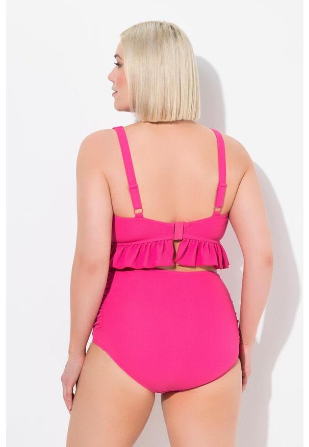 ULLA POPKEN - Damskie Bikini faktura falbana miękkie miseczki regulowane ramiączka. Kolekcja: plus size. Kolor: różowy. Materiał: elastan, poliester, materiał