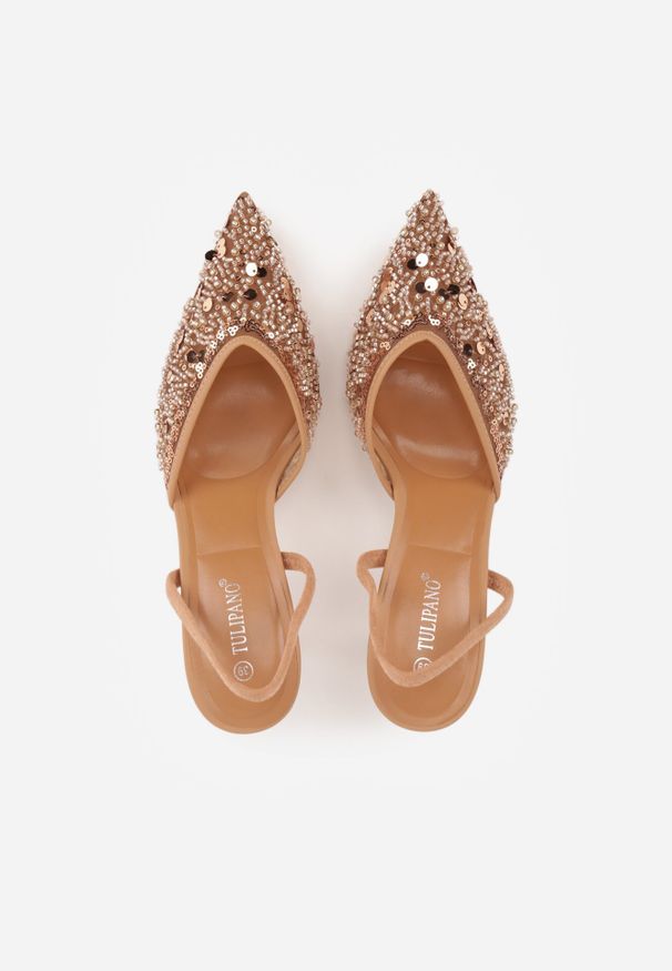 Born2be - Ciemnobeżowe Szpilki z Odkrytą Piętą i Cekinami Vikiraena. Okazja: na randkę, na wesele, na ślub cywilny. Kolor: beżowy. Obcas: na szpilce. Styl: elegancki, klasyczny