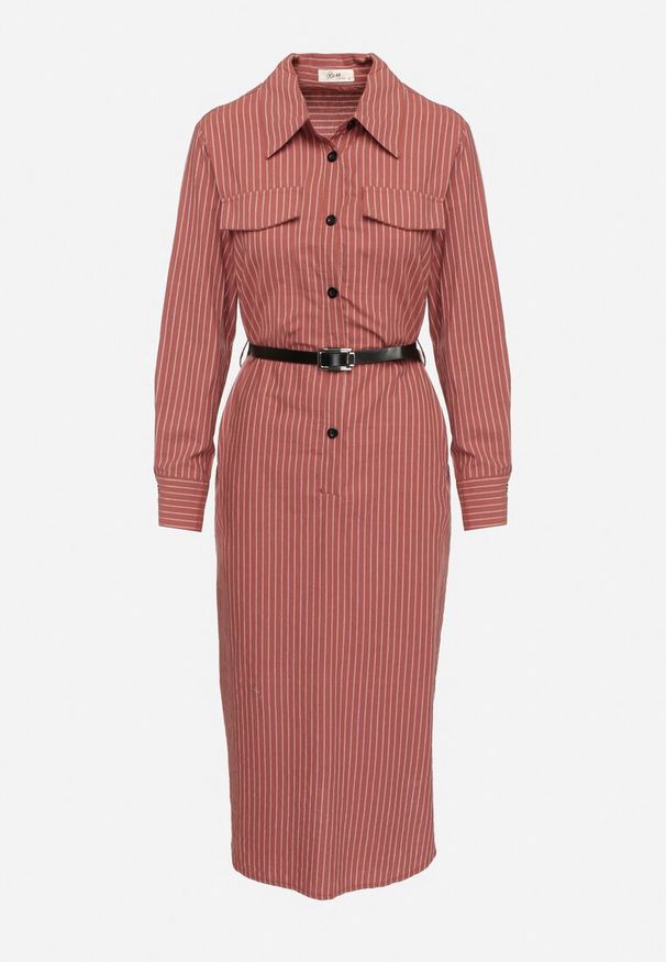 Born2be - Czerwona Koszulowa Sukienka na Guziki z Paskiem i Imitacją Kieszeni Tintarra. Kolor: czerwony. Typ sukienki: koszulowe. Styl: sportowy, elegancki, klasyczny