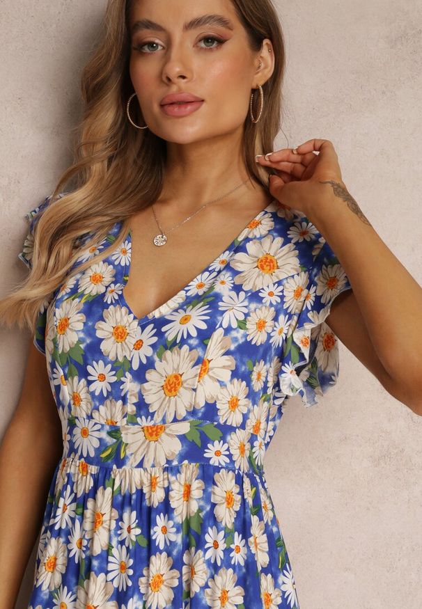 Renee - Niebieska Taliowana Sukienka Mini w Kwiaty z Gumką w Talii Teziovi. Kolor: niebieski. Materiał: wiskoza. Wzór: kwiaty. Długość: mini
