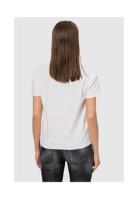 MOSCHINO Biały t-shirt damski z logo i kwiatami, Rozmiar XS. Kolor: biały. Materiał: prążkowany. Wzór: kwiaty #2