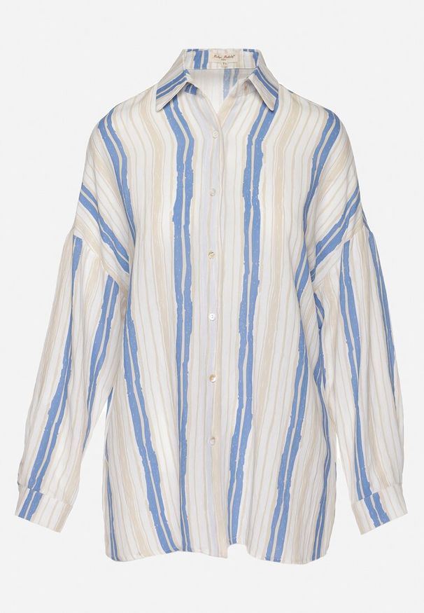 Born2be - Beżowo-Niebieska Bawełniana Koszula w Paski o Luźnym Kroju Lievan. Kolor: beżowy. Materiał: bawełna. Wzór: paski. Sezon: lato