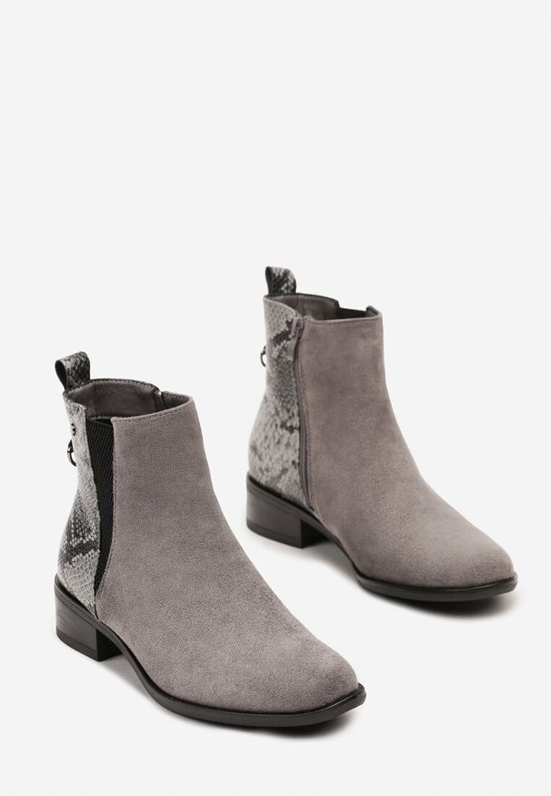 Renee - Szare Botki w Stylu Sztybletów z Metaliczną Aplikacją Verinette. Okazja: na co dzień. Zapięcie: zamek. Kolor: szary. Materiał: jeans. Wzór: aplikacja. Obcas: na słupku. Styl: wizytowy, elegancki, casual