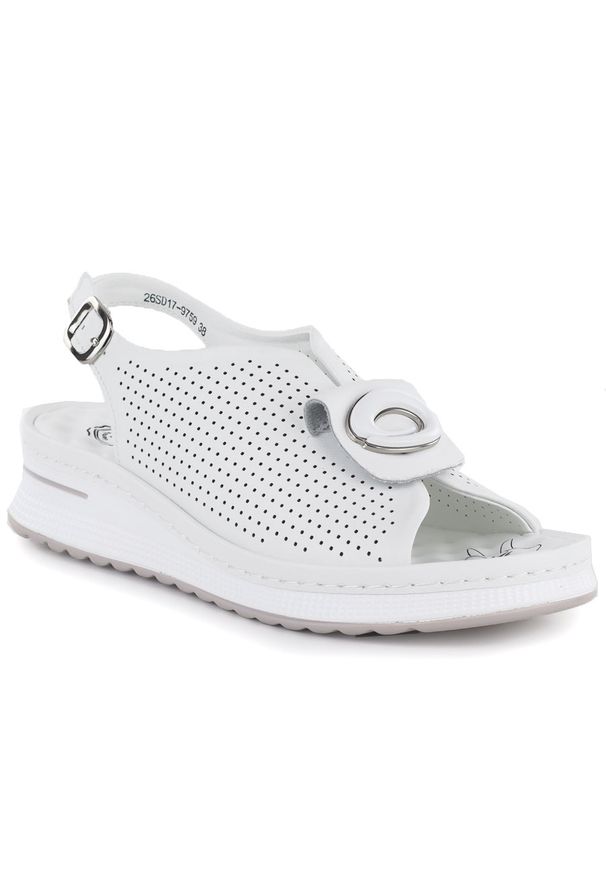 Sandały damskie na koturnie białe eVento 9759. Kolor: biały. Materiał: skóra ekologiczna. Wzór: ażurowy. Obcas: na koturnie