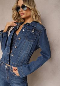 Renee - Granatowa Klasyczna Kurtka Jeansowa z Guzikami Ivonelle. Okazja: do pracy. Kolor: niebieski. Materiał: jeans. Styl: klasyczny
