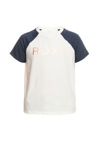 Roxy t-shirt bawełniany dziecięcy kolor biały. Kolor: biały. Materiał: bawełna. Długość rękawa: raglanowy rękaw