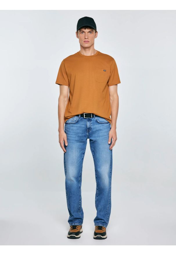 Big-Star - Koszulka męska z kieszonką brązowa Carbon 802. Okazja: na co dzień. Kolor: brązowy. Materiał: dzianina, bawełna, jeans. Wzór: aplikacja. Styl: casual, klasyczny