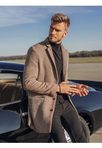 Ombre Clothing - Płaszcz męski we wzór - brązowy V2 C431 - XL. Kolor: brązowy. Materiał: poliester. Styl: elegancki #3