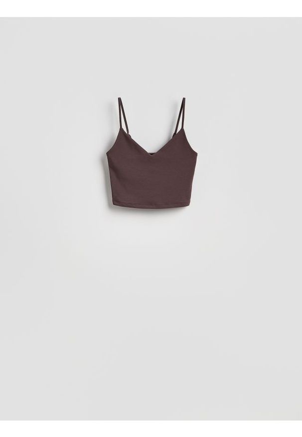 Reserved - Krótki top - ciemnobrązowy. Kolor: brązowy. Materiał: włókno, bawełna. Długość: krótkie