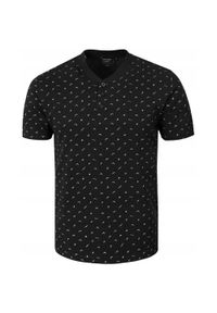 Męski T-Shirt, Dekolt z Guzikami - Pako Jeans - Czarny, Drobny Wzór. Okazja: na co dzień. Kolor: czarny. Materiał: bawełna. Styl: casual