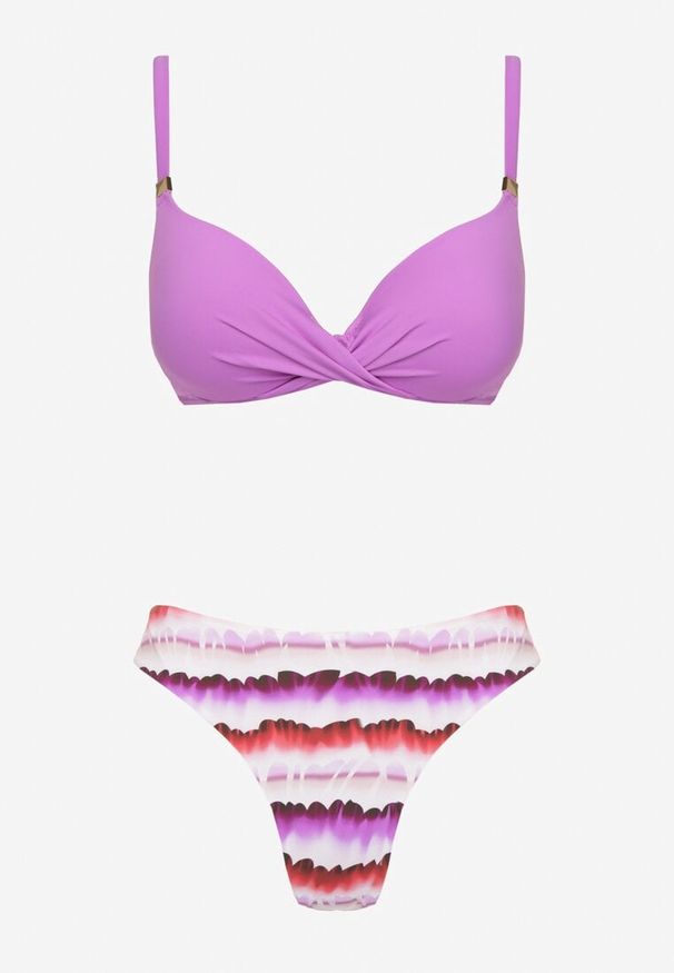 Renee - Fioletowo-Różowe Bikini Majtki Figi Ozdobione Nadrukiem i Biustonosz Natinalia. Kolor: fioletowy. Wzór: aplikacja, nadruk