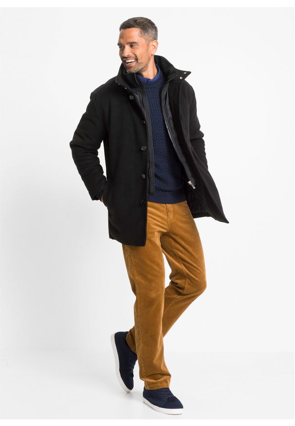 bonprix - Kurtka outdoorowa z materiału w optyce wełny. Kolor: czarny. Materiał: wełna, materiał. Długość: długie. Styl: sportowy