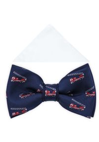 Modini - Granatowa mucha w wozy strażackie z białą poszetką A284B. Kolor: biały, wielokolorowy, niebieski. Materiał: poliester, tkanina. Styl: elegancki #1