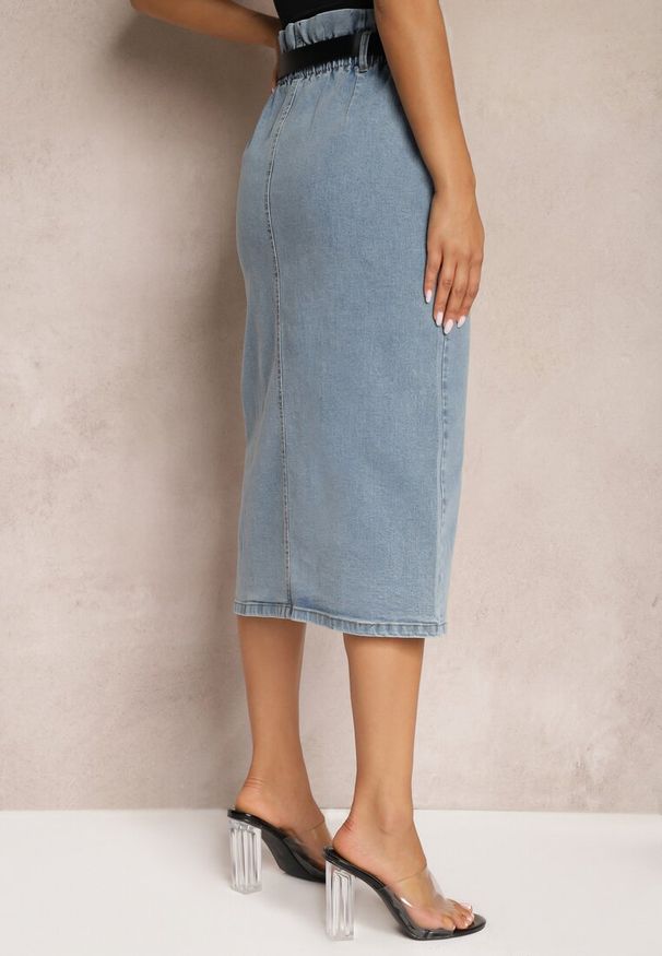 Renee - Niebieska Bawełniana Spódnica High Waist z Rozcięciem Paskiem i Gumką w Talii Crisbella. Okazja: na co dzień. Stan: podwyższony. Kolor: niebieski. Materiał: bawełna. Styl: elegancki, casual