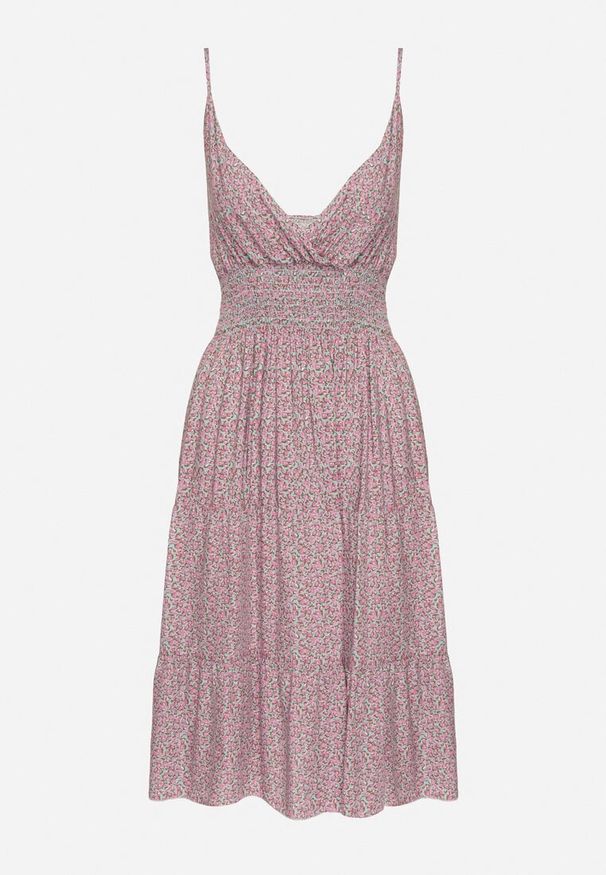 Born2be - Różowa Bawełniana Sukienka o Rozkloszowanym Kroju na Ramiączkach w Kwiatowy Wzór Mirindra. Okazja: na spacer. Typ kołnierza: dekolt w kształcie V. Kolor: różowy. Materiał: bawełna. Długość rękawa: na ramiączkach. Wzór: kwiaty. Sezon: lato. Styl: klasyczny